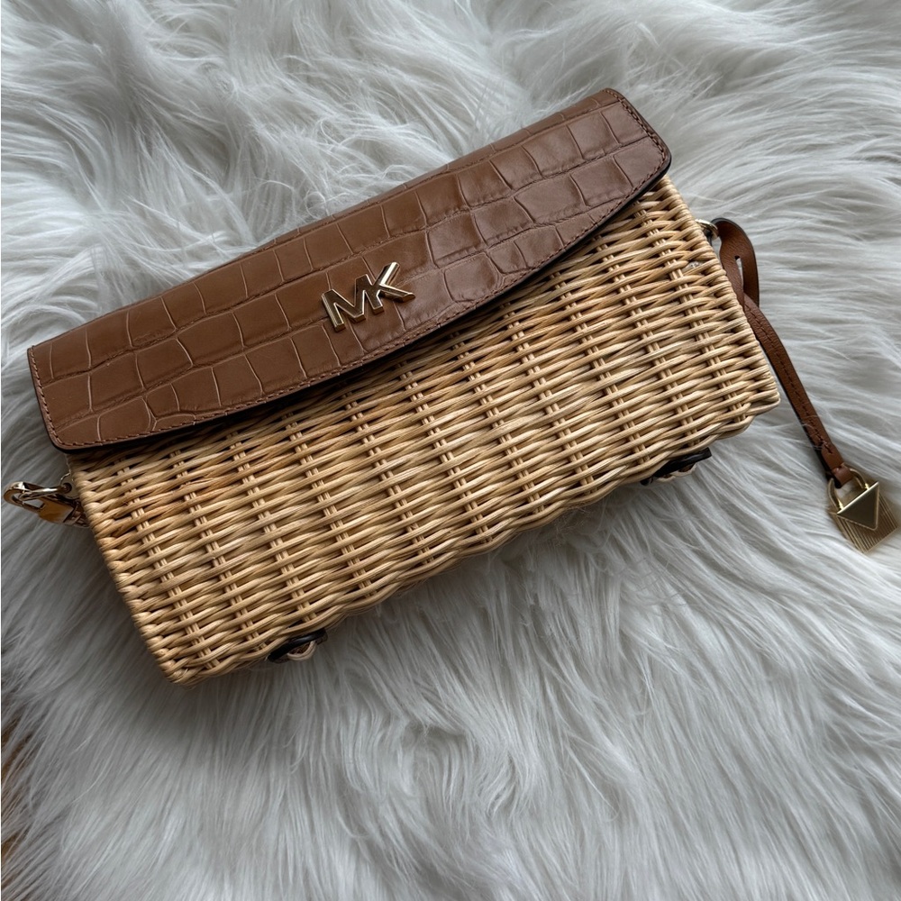 Michael Kors Brown Wicker Crossbody with Croc-Embossed Flap